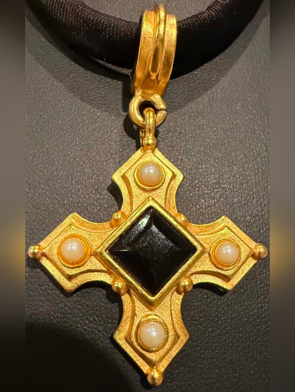 Carolee Gold-Tone Cross Necklace with Black Center and Pearl Accents